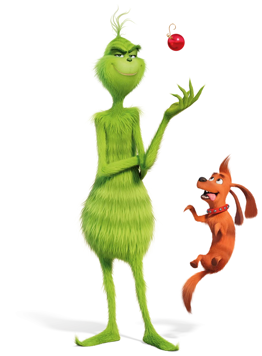 Whimsical Christmas Grinch and Playful Dog Catching Red Ornament Clipart