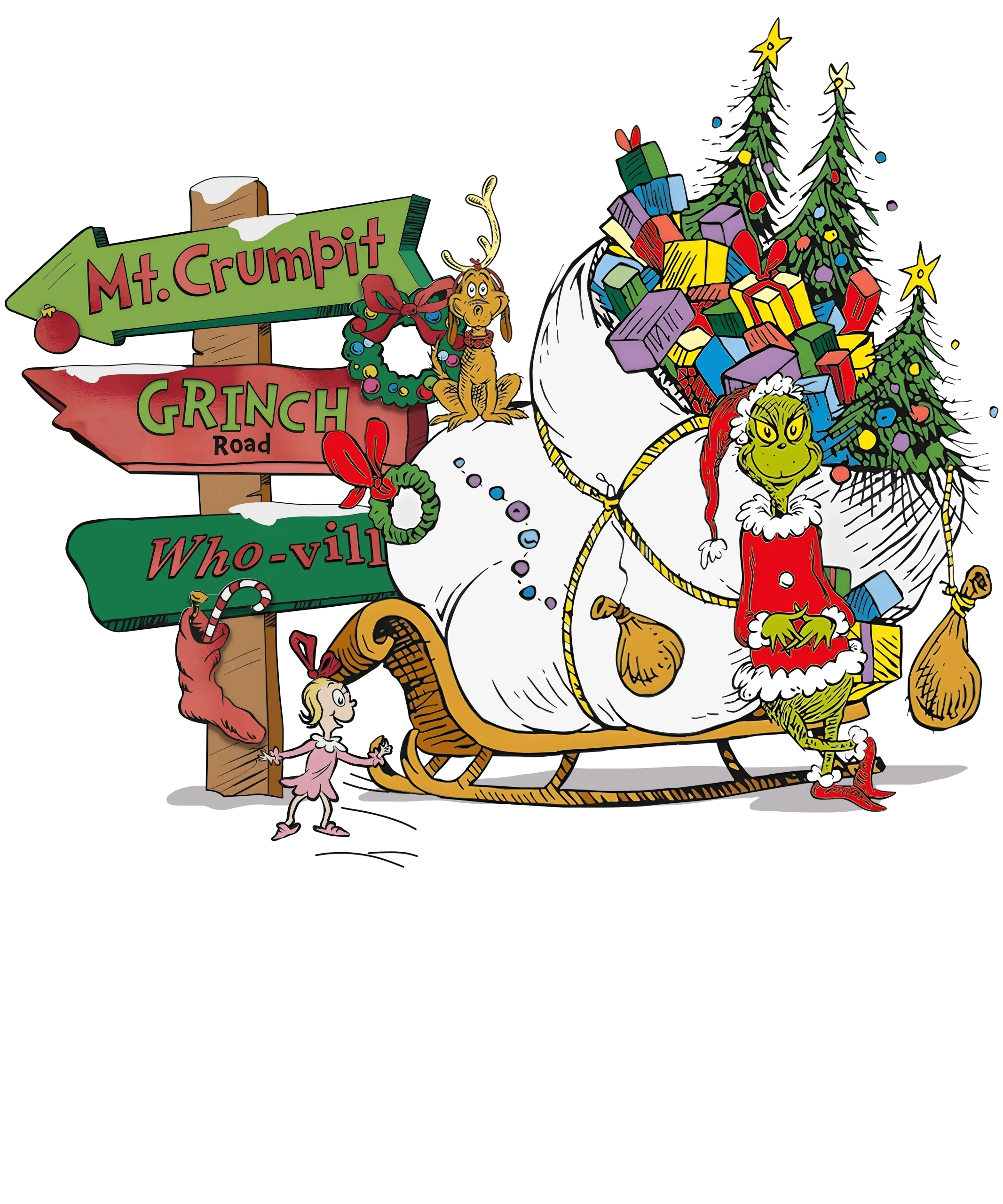 Whimsical Christmas Grinch Sleigh Clipart with Festive Signpost Illustration