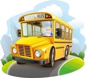 Cheerful Cartoon School Bus Clipart Driving Down a Scenic Countryside Road