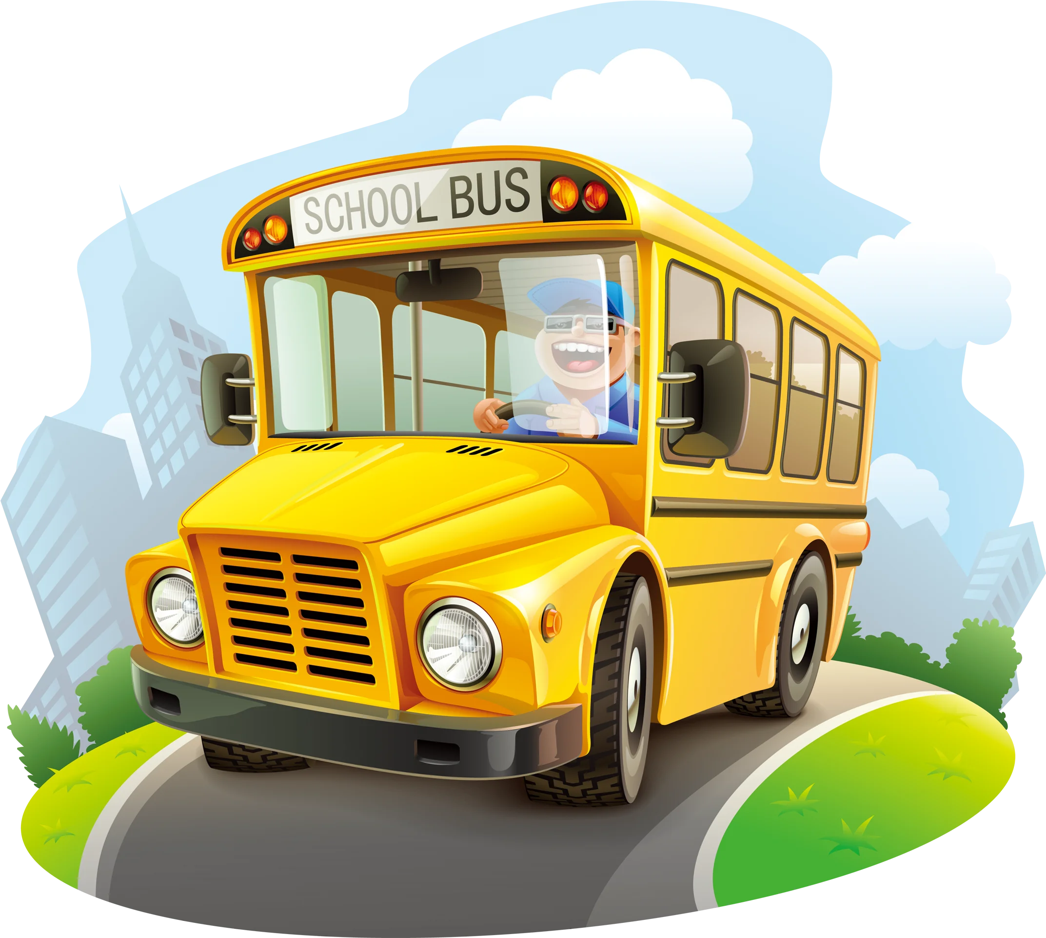 Cheerful Cartoon School Bus Clipart Driving Down a Scenic Countryside Road