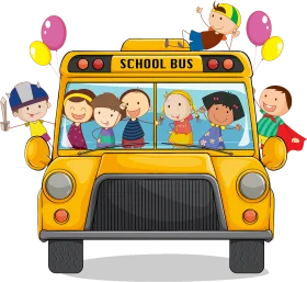 Cheerful Cartoon School Bus Clipart with Diverse Students and Balloons