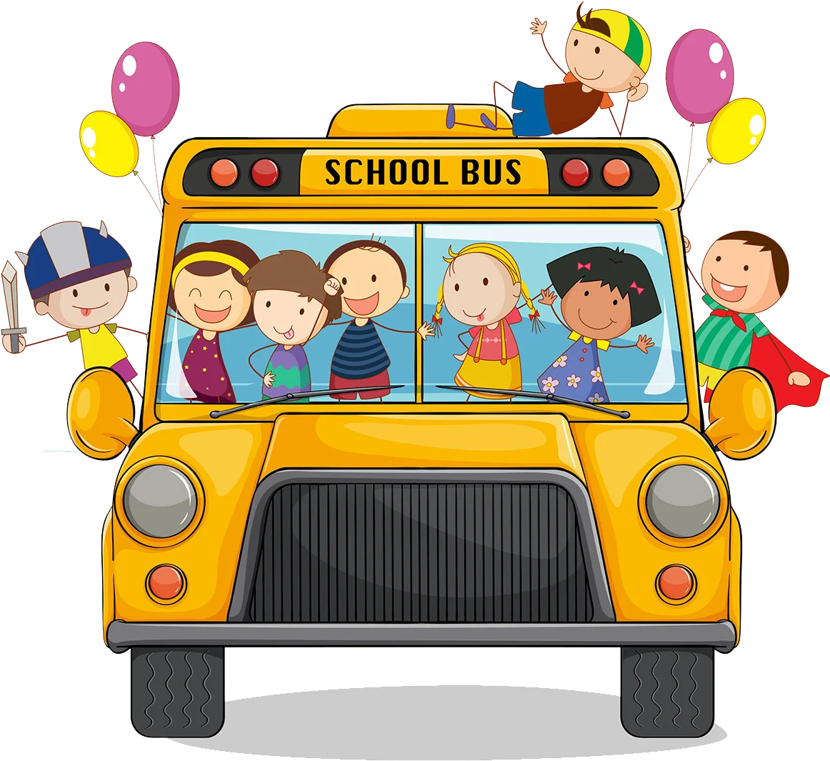 Cheerful Cartoon School Bus Clipart with Diverse Students and Balloons