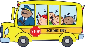 Cheerful Cartoon School Bus Clipart with Smiling Driver and Excited Students