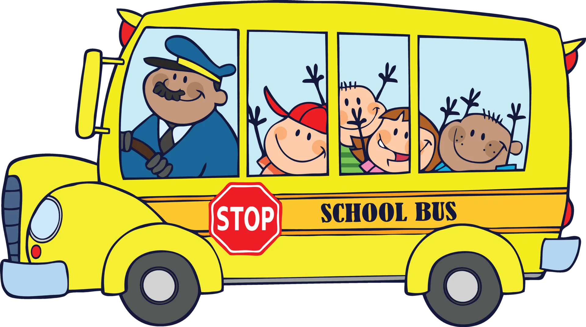Cheerful Cartoon School Bus Clipart with Smiling Driver and Excited Students