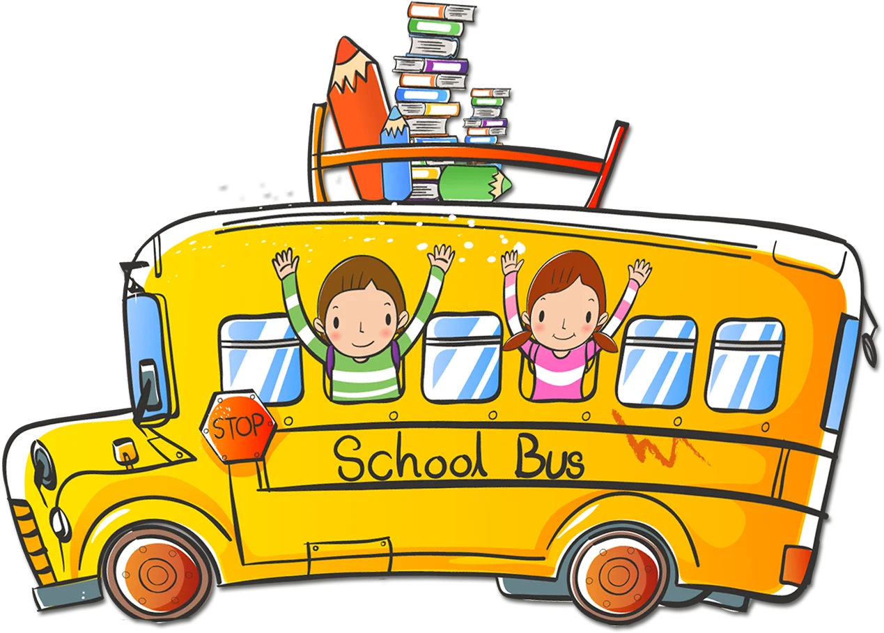 Cheerful Elementary School Bus Clipart Illustration with Happy Students