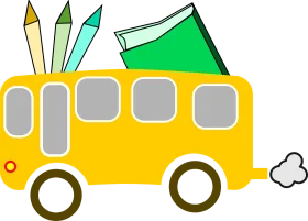 Cheerful Yellow School Bus Clipart with Pencils and Textbook Illustration