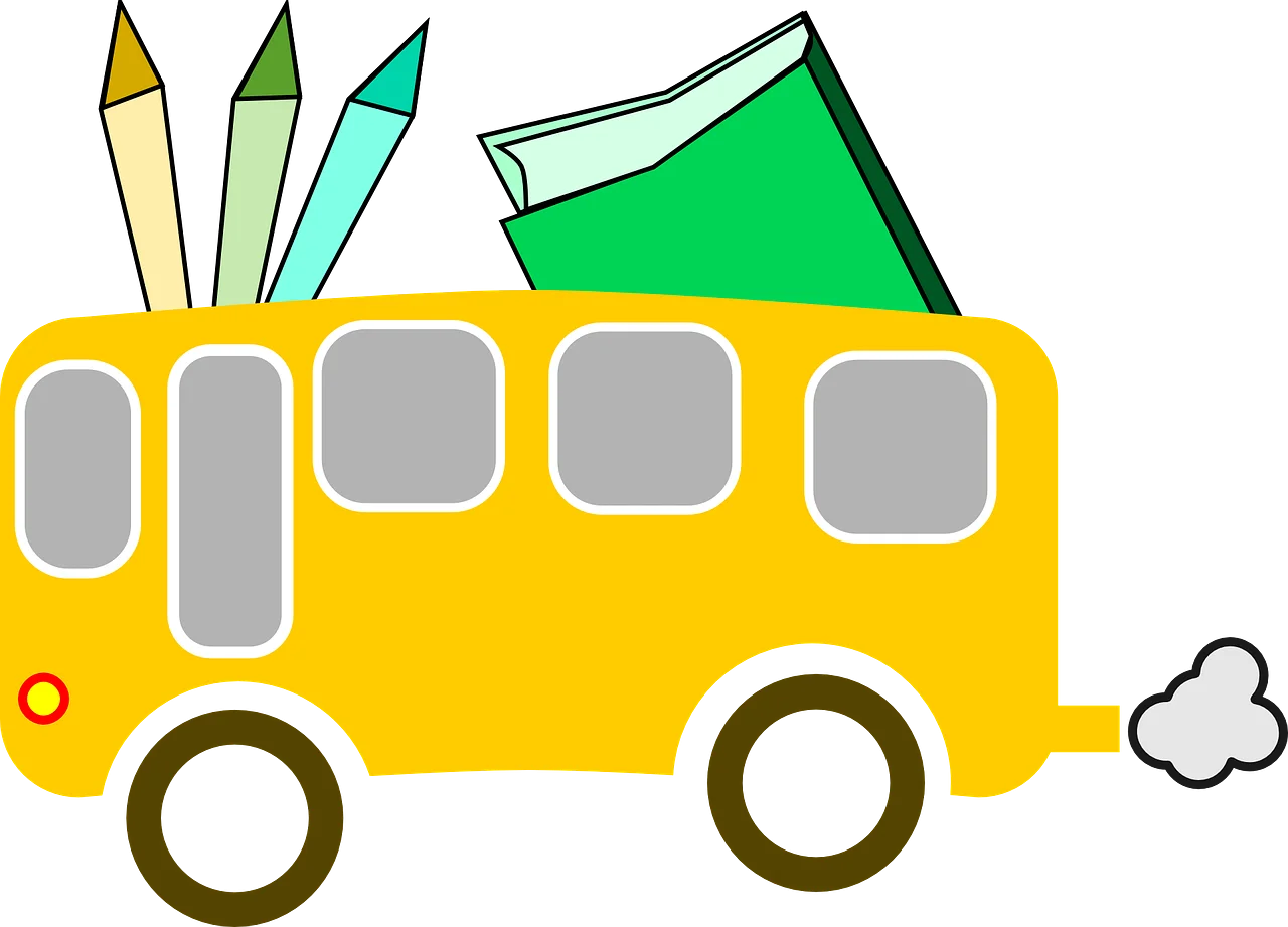 Cheerful Yellow School Bus Clipart with Pencils and Textbook Illustration