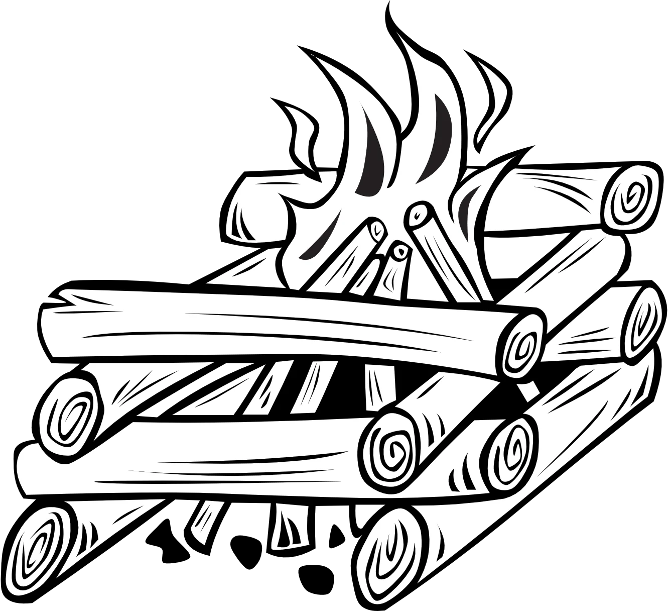 Rustic Campfire Clipart: Artfully Drawn Wooden Logs Stacked with Burning Flames