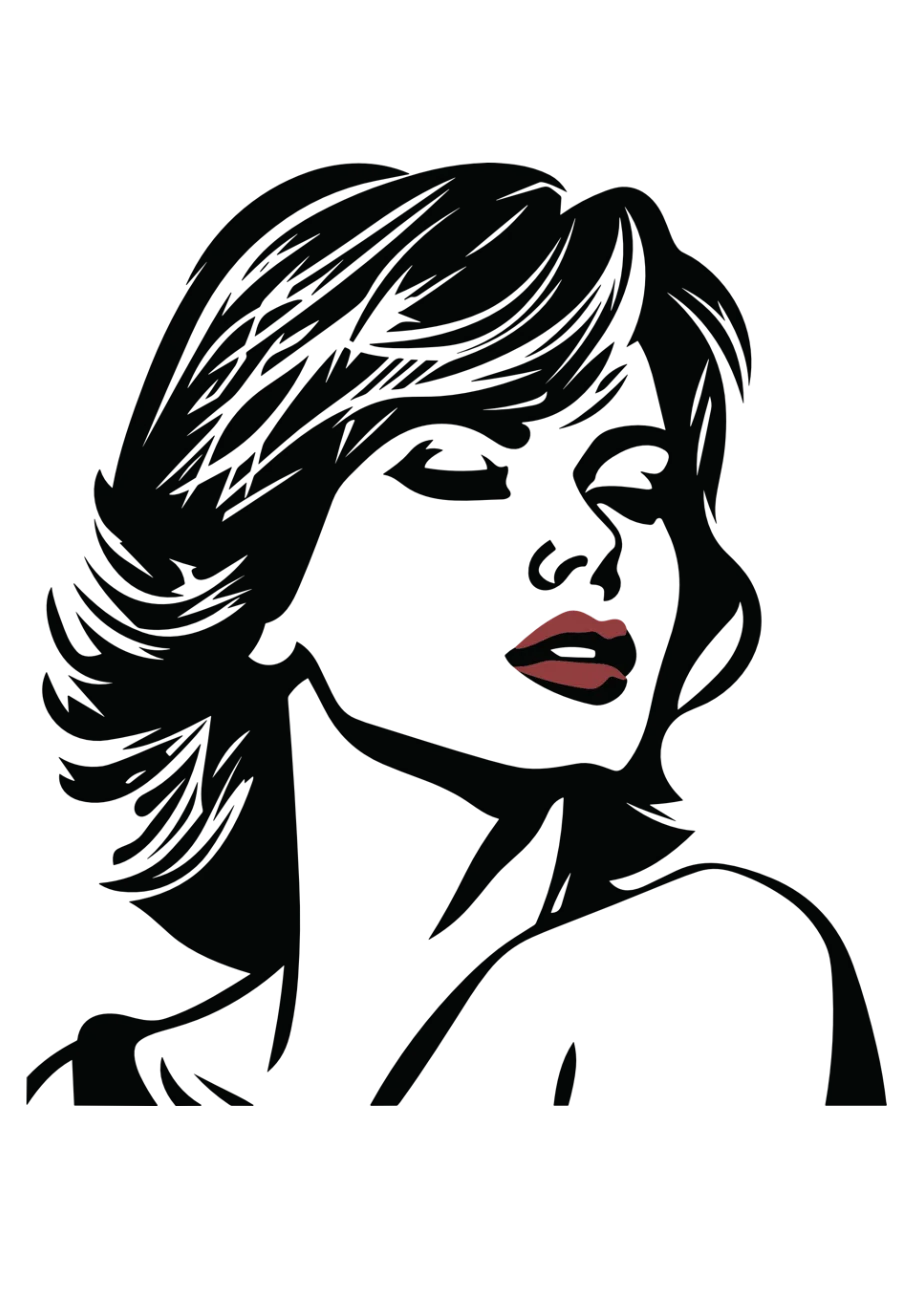 Elegant Black and White Pop Art Style Female Silhouette Clipart Design
