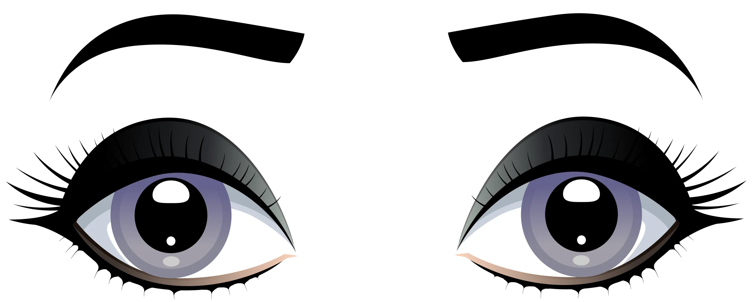 Expressive Gray Cartoon Eyes Clipart with Delicate Eyelashes and Eyebrows