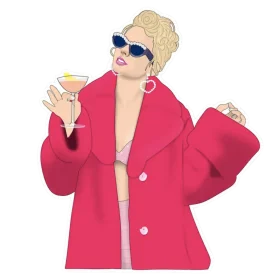 Glamorous Pop Star in Pink Oversized Coat Retro Clipart Illustration