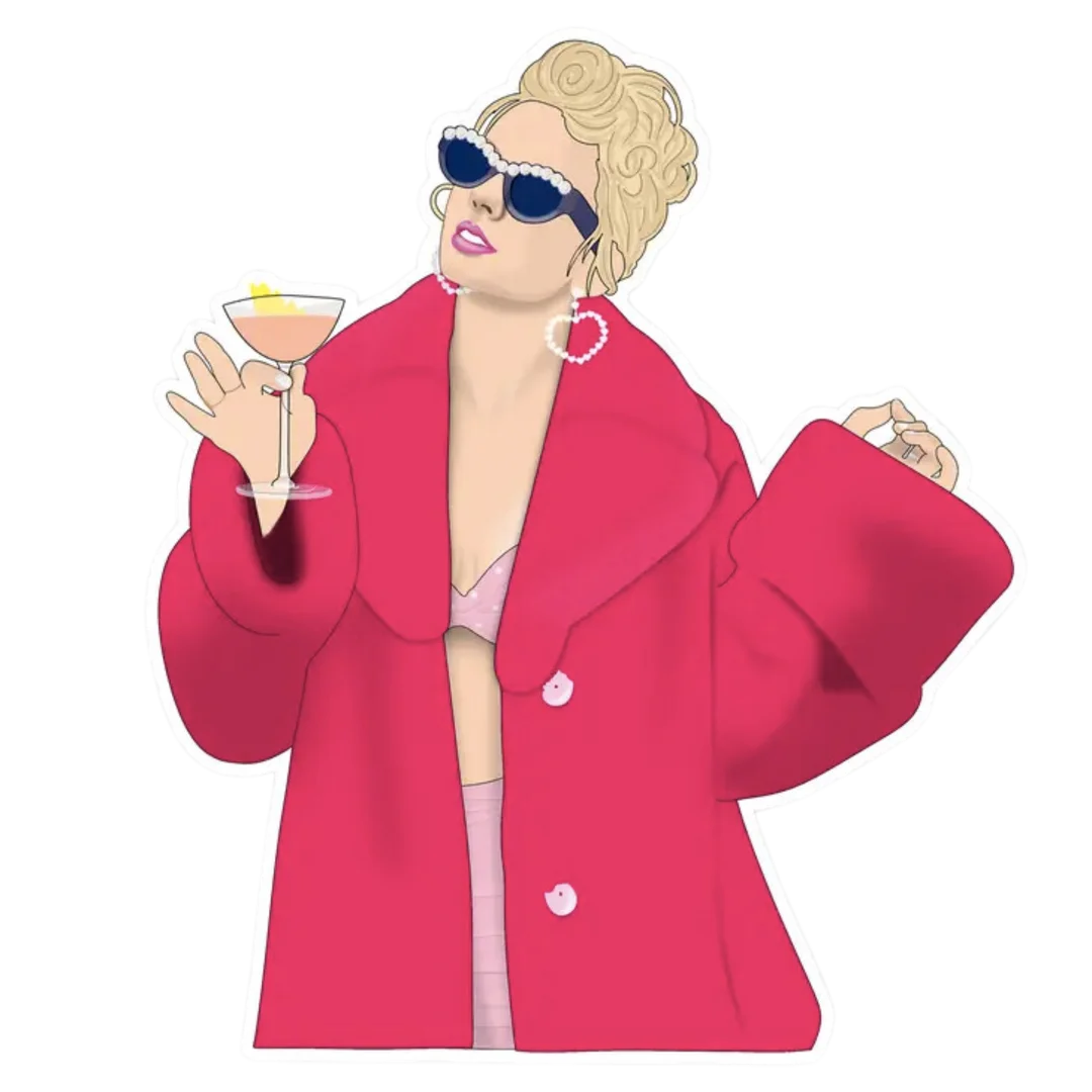 Glamorous Pop Star in Pink Oversized Coat Retro Clipart Illustration