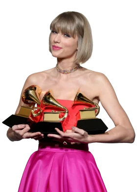 Grammy Award-Winning Pop Star in Elegant Pink Dress Holding Iconic Music Trophies Clipart