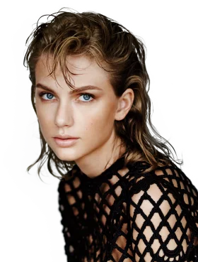 Monochromatic Glamour Clipart: Intense Gaze and Lattice-Styled Fashion Portrait