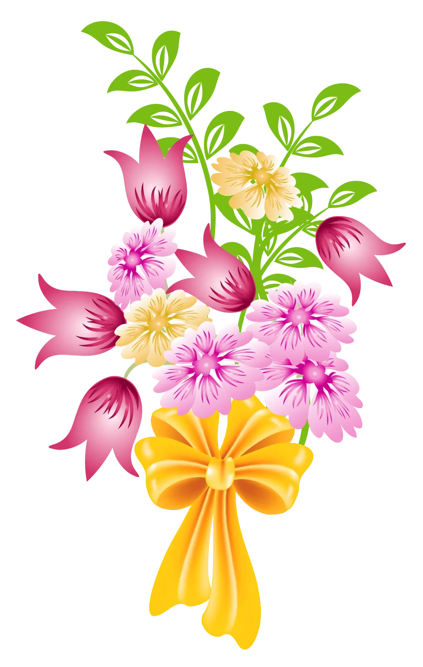 Charming Spring Floral Bouquet Clipart with Delicate Pastel Blossoms and Golden Bow