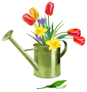 Charming Spring Garden Clipart with Tulips and Daffodils in Vintage Watering Can