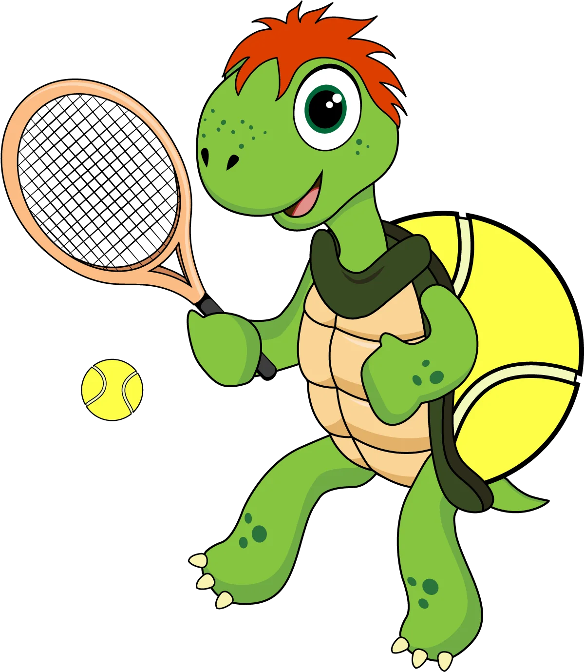 Cheerful Green Turtle Cartoon Tennis Player Clipart Illustration