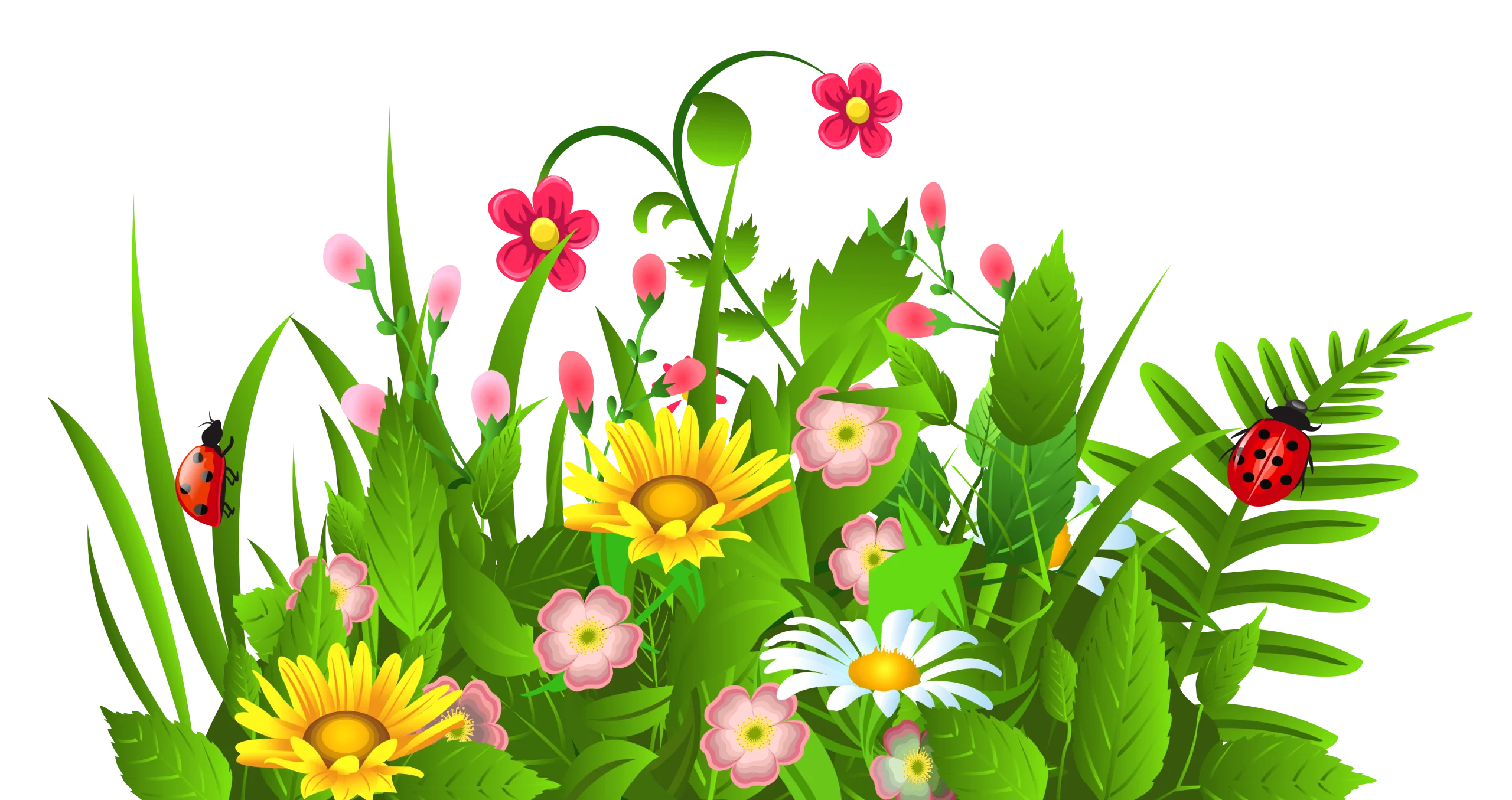 Cheerful Spring Garden Clipart with Blooming Flowers and Lush Green Leaves
