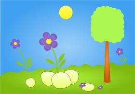 Cheerful Spring Meadow Scene with Blossoming Flowers and Soft Clipart Style