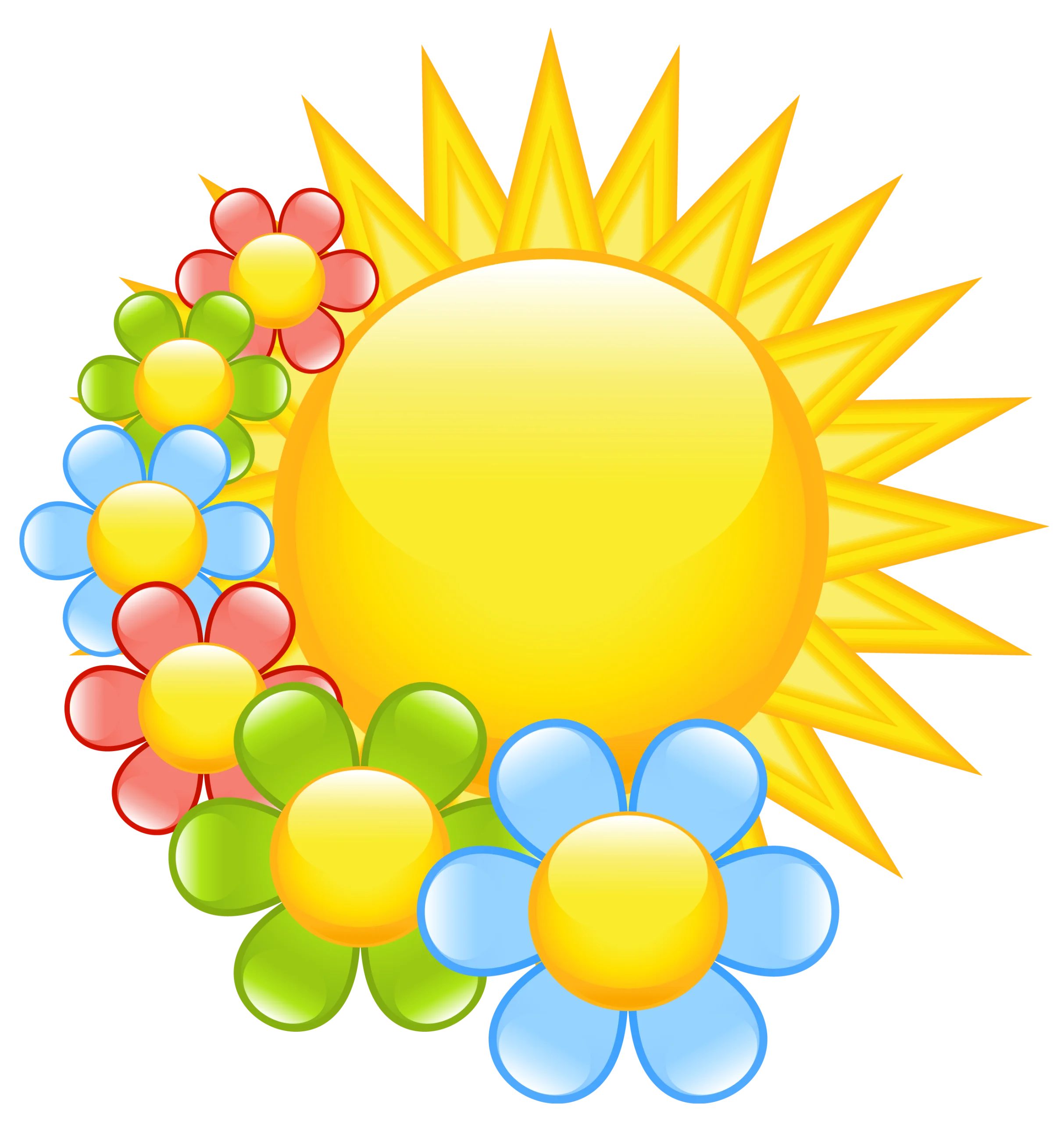 Cheerful Spring Sunshine and Blooming Flowers Clipart Design with Radiant Colors
