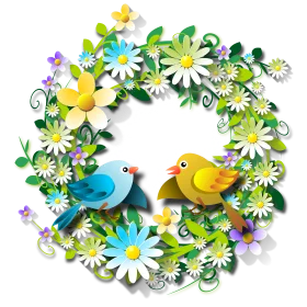 Cheerful Spring Wreath Clipart with Whimsical Birds and Blooming Flowers