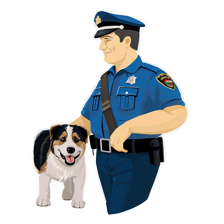 Friendly Police Officer and Adorable Puppy Companion Cartoon Clipart Illustration