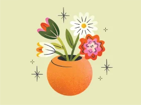 Whimsical Spring Bloom Arrangement in Cheerful Orange Pot Clipart Illustration