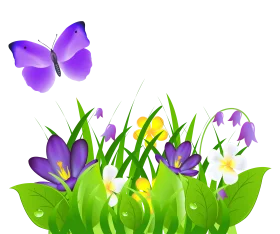 Whimsical Spring Garden Clipart with Delicate Purple Butterfly and Blooming Flowers