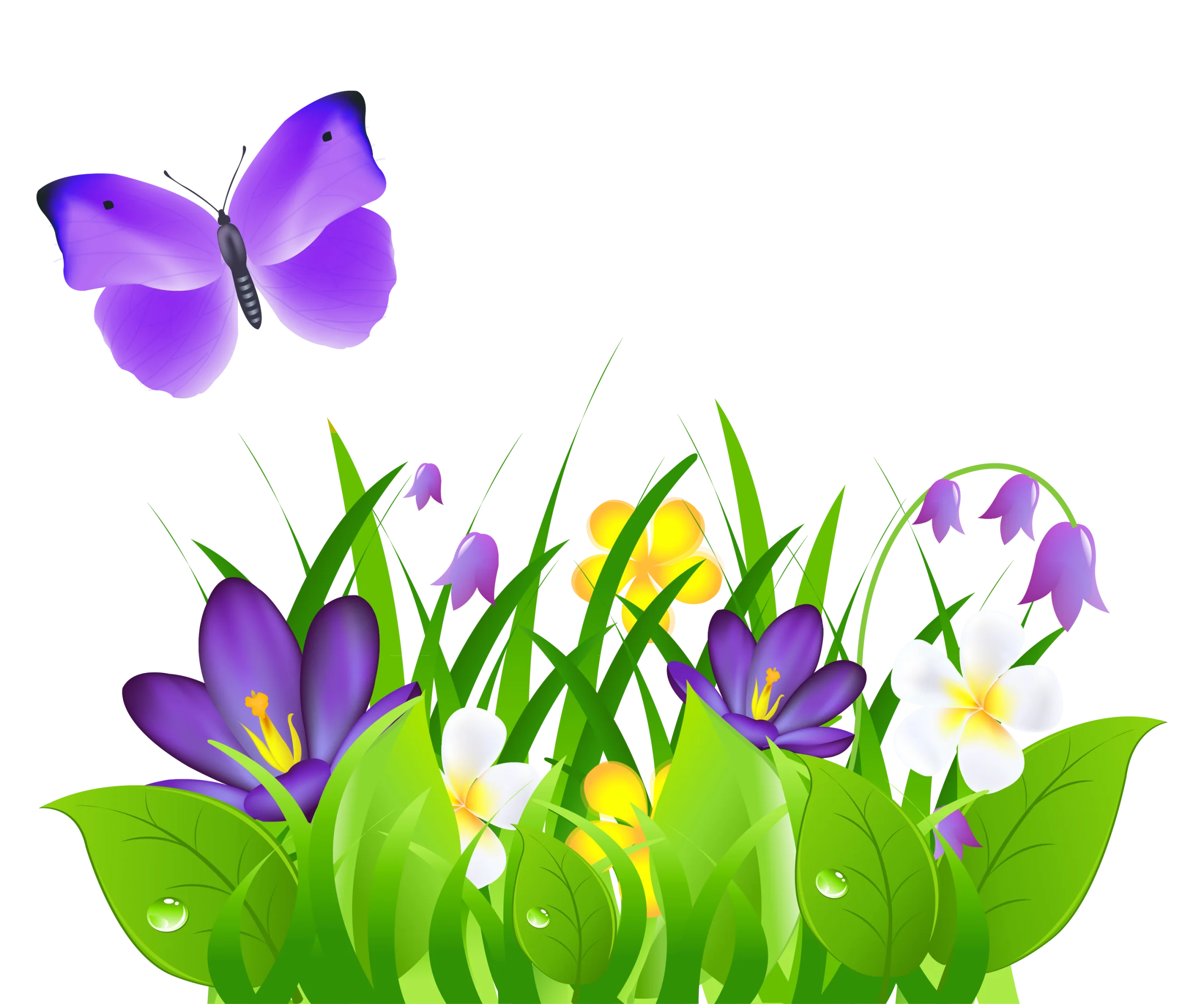 Whimsical Spring Garden Clipart with Delicate Purple Butterfly and Blooming Flowers