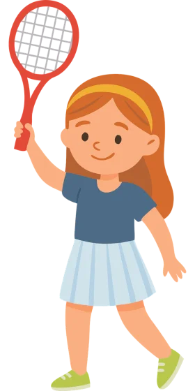 Young Tennis Enthusiast Girl Holding Racket Cheerful Cartoon Clipart Illustration