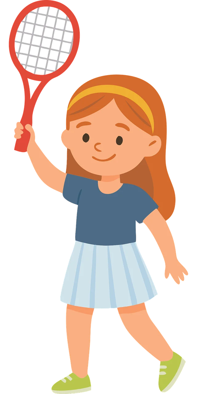 Young Tennis Enthusiast Girl Holding Racket Cheerful Cartoon Clipart Illustration