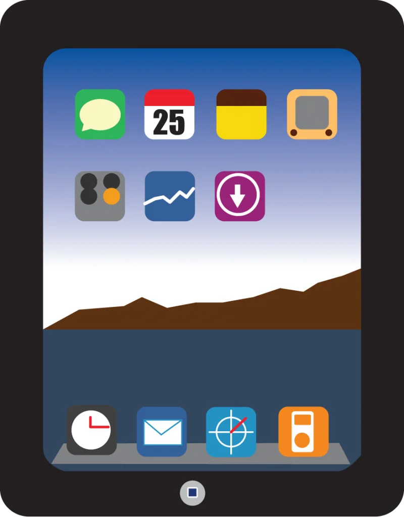 Modern Minimalist iPad Clipart Design with Colorful App Icons and Dock