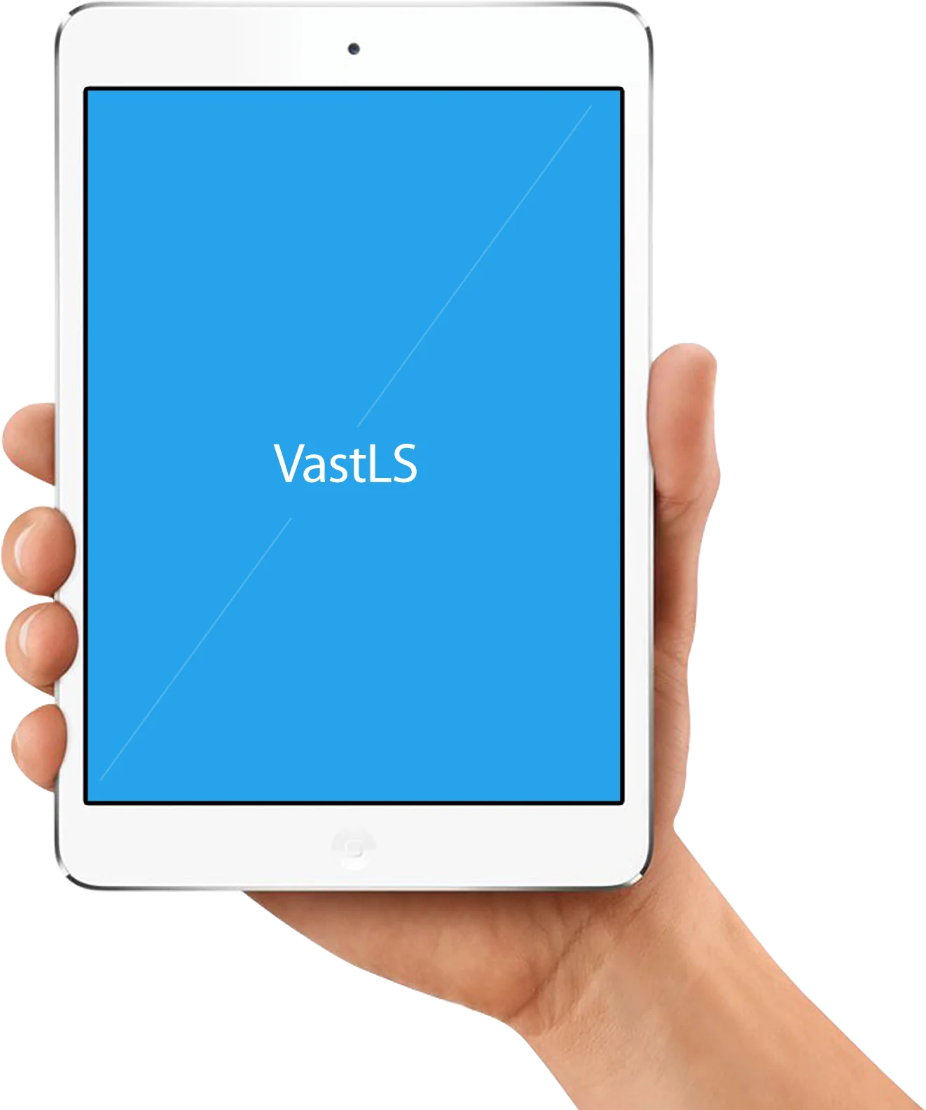 Modern White Tablet Clipart Displaying VastLS Application on Bright Blue Screen