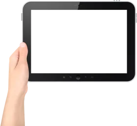 Realistic Hand Holding Black Tablet Clipart with Blank White Screen Display