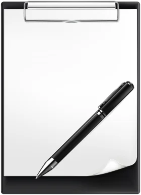 Sleek Black and White Clipboard Clipart with Elegant Ballpoint Pen