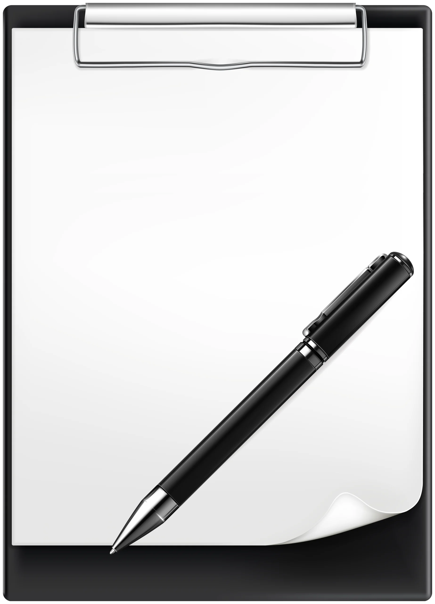 Sleek Black and White Clipboard Clipart with Elegant Ballpoint Pen