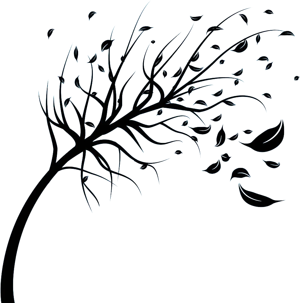 Elegant Black and White Wind-Swept Tree Silhouette Clipart Design