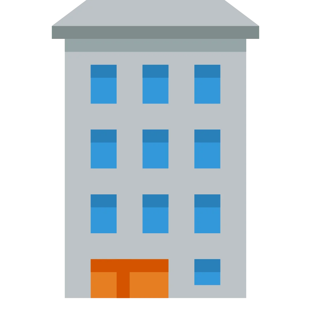Minimalist Urban Architecture Clipart: Multi-Story Gray Building with Blue Windows