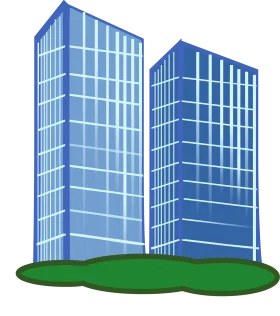 Modern Blue Glass Office Towers Standing on Green Landscape Clipart Illustration