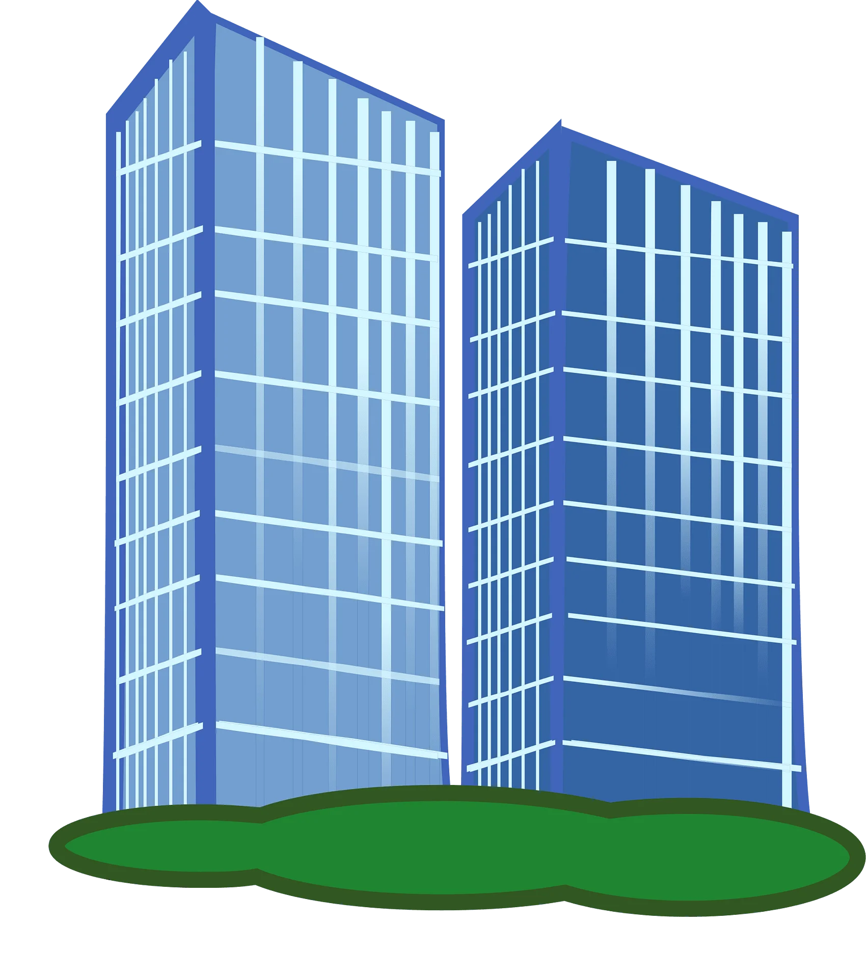 Modern Blue Glass Office Towers Standing on Green Landscape Clipart Illustration