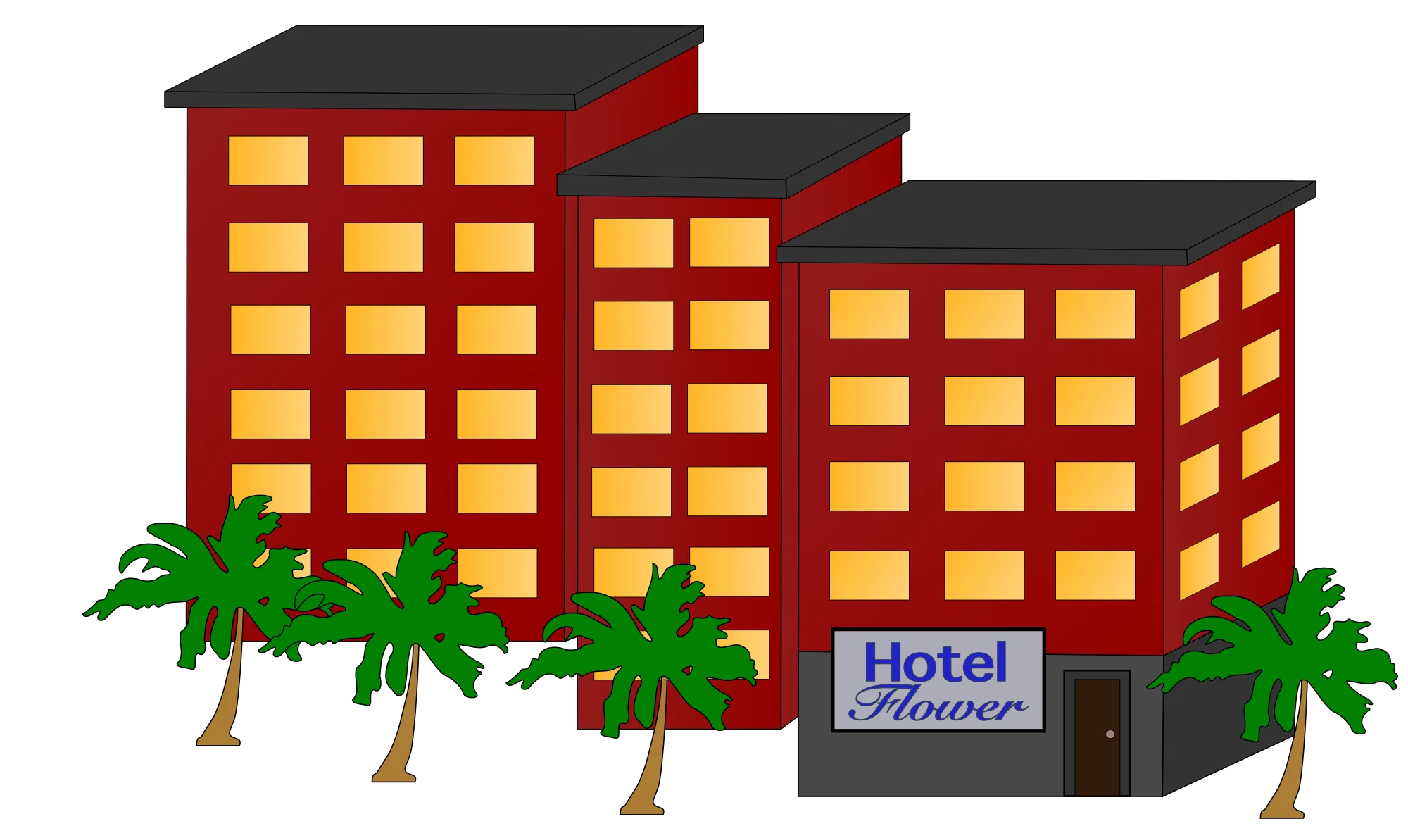 Modern Urban Hotel Complex with Palm Trees - Stylized Building Clipart Illustration