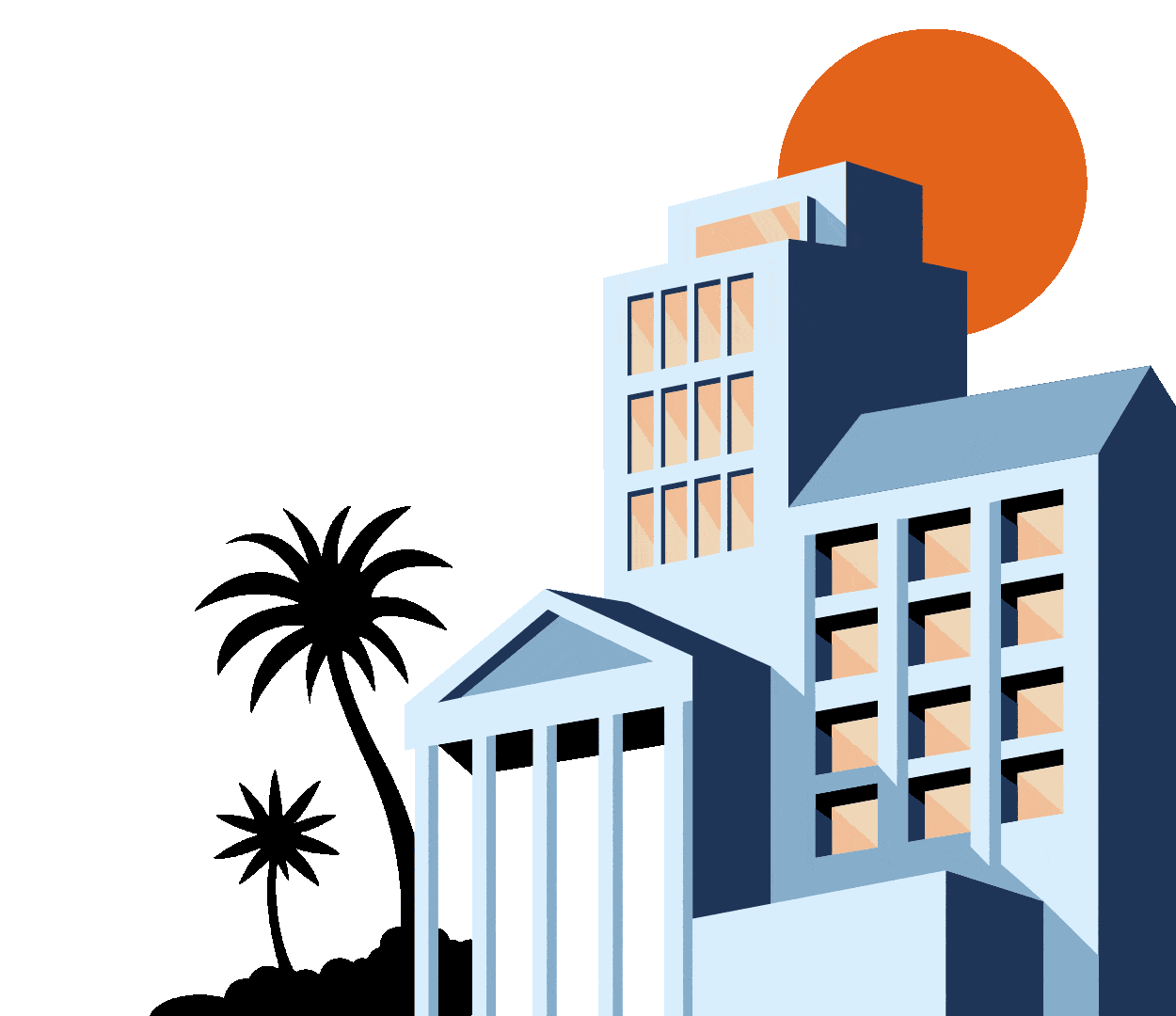 Modern Urban Landscape Clipart with Palm Trees and Geometric Architecture