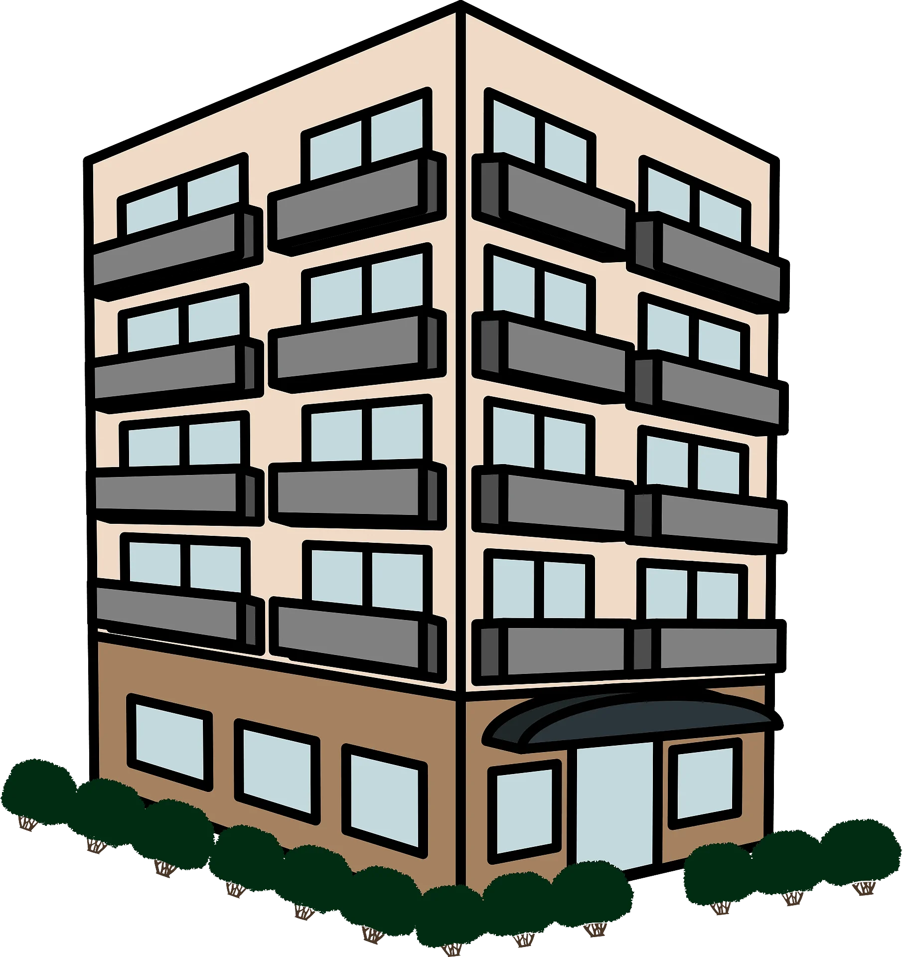 Modern Urban Multi-Story Residential Building Clipart Illustration with Green Landscaping