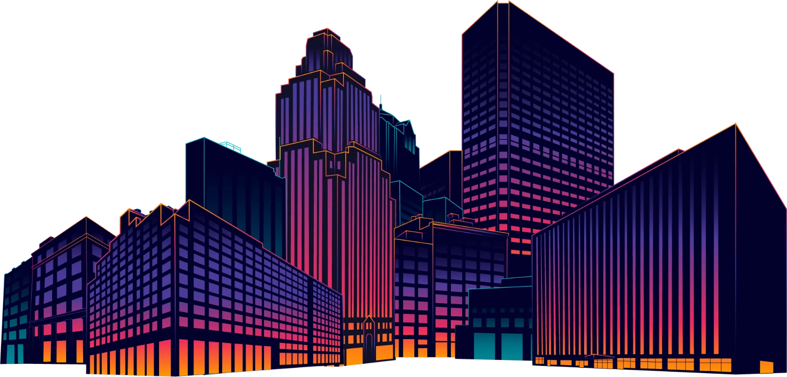 Modern Urban Skyline Clipart with Neon-Inspired Architectural Silhouettes