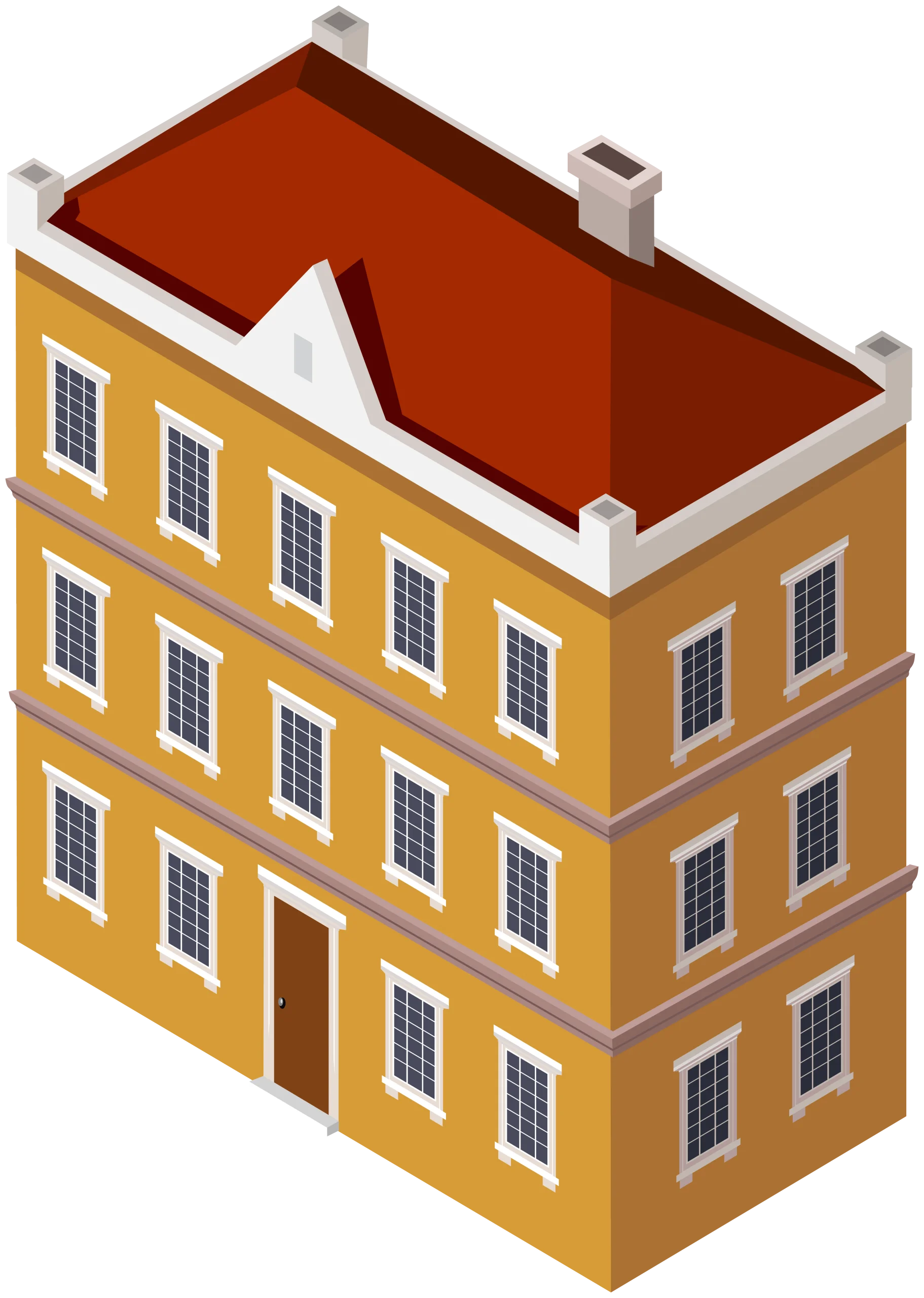 Three-Story Mustard Yellow Architectural Clipart Building with Red Roof