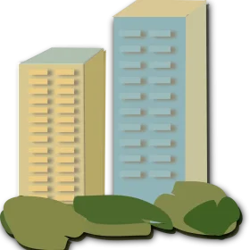 Urban Landscape Minimalist Clipart Illustration with Geometric Skyscrapers and Green Spaces
