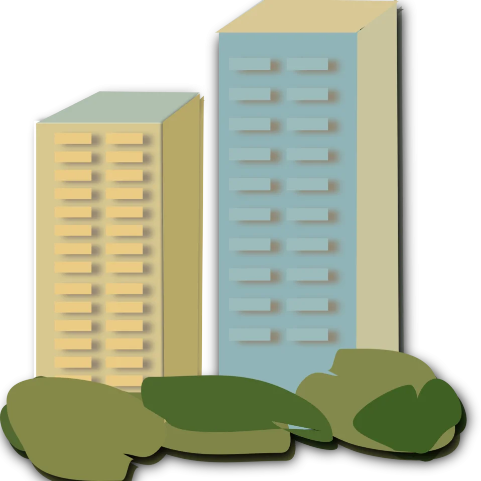 Urban Landscape Minimalist Clipart Illustration with Geometric Skyscrapers and Green Spaces
