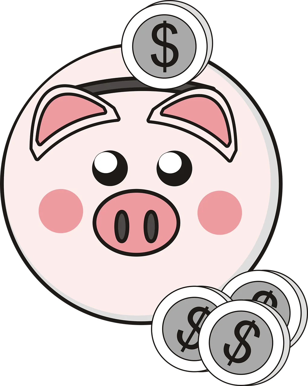 Adorable Pink Piggy Bank Clipart with Silver Dollar Coins Savings Illustration