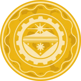 Golden Geometric Emblem Clipart: Intricate Circular Design with Gear and Stellar Motifs