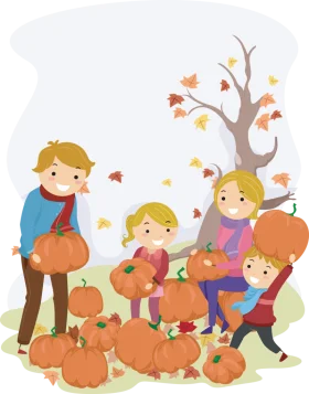 Heartwarming Autumn Pumpkin Patch Family Clipart Scene with Falling Leaves